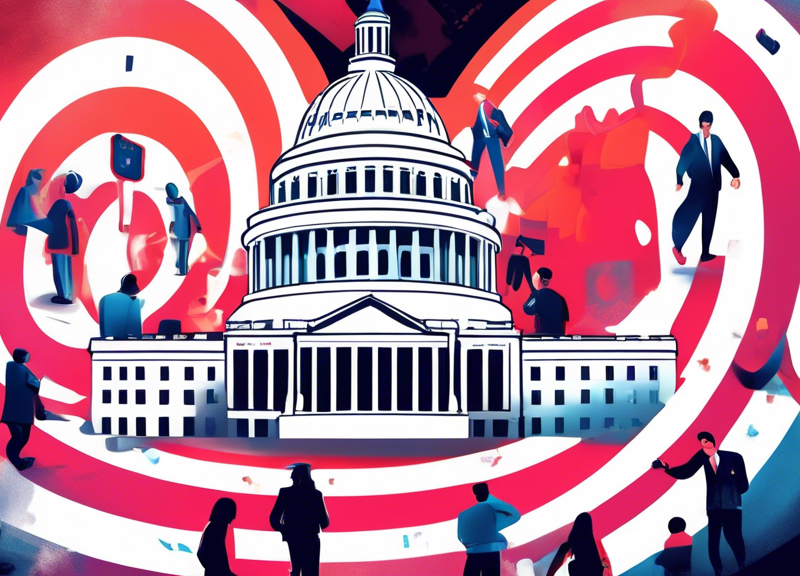 Digital artwork of the U.S. Capitol with animated TikTok logos swirling around it as Congress members look on, highlighting a ticking clock symbolizing the one-year divestment deadline.