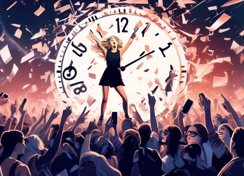 A digital illustration of Taylor Swift confidently standing atop a shattered Spotify logo, with a clock striking midnight in the background, surrounded by excited fans trying to access the site on their smartphones and laptops.