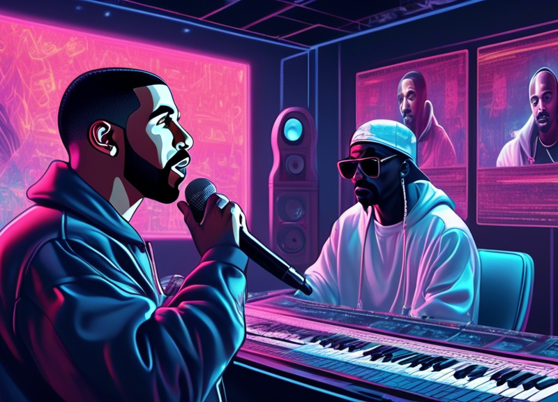 A futuristic recording studio where Drake is animatedly performing in front of a microphone with holographic images of AI 2Pac and Snoop Dogg contributing verses, while a shadowy figure resembling Kendrick Lamar listens intently in the background.