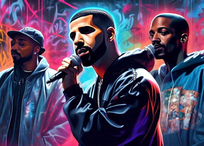 Dramatic depiction of Drake dropping a microphone with AI-generated holograms of 2Pac and Snoop Dogg supporting him on either side, against a graffiti-covered urban backdrop, with a shadowy figure resembling Kendrick Lamar observing from a distance.