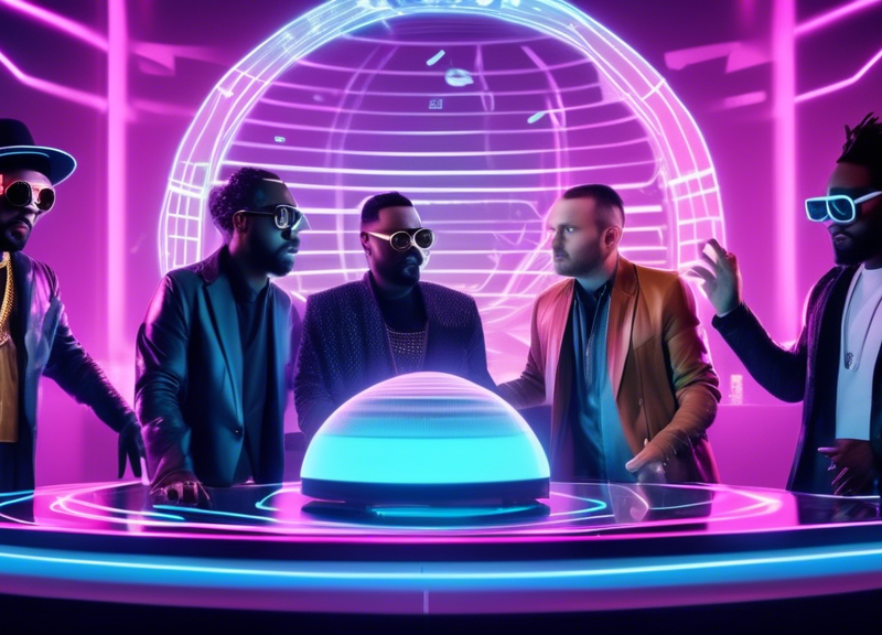 A futuristic roundtable discussion with will.i.am, Michael Huppe, Rahul Sabnis, Joel Denver, RJ Curtis, and Lee Abrams animated as futuristic DJs and radio icons gathered around a holographic, high-tech console discussing the evolution of radio in the year 2024, with digital waves and music notes floating in the background, illuminated by neon lights.