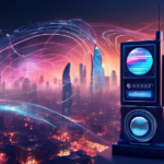 An imaginative visualization of futuristic radio technology in 2024, as described by iHeartMedia’s Rahul Sabnis, with a blend of digital waves and traditional broadcasting elements set against a cityscape background.