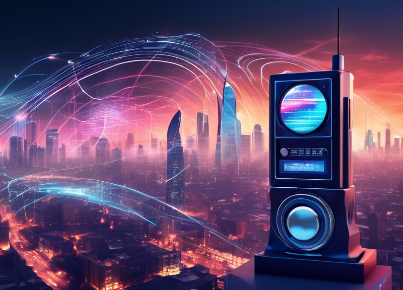 An imaginative visualization of futuristic radio technology in 2024, as described by iHeartMedia’s Rahul Sabnis, with a blend of digital waves and traditional broadcasting elements set against a cityscape background.