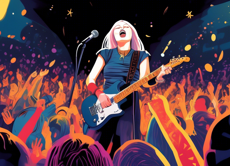 DALL-E prompt: Illustrate the Smashing Pumpkins on stage at a vibrant live concert, introducing Kiki Wong as their new touring guitarist to an excited crowd, with spotlights illuminating the band and fans cheering in awe.