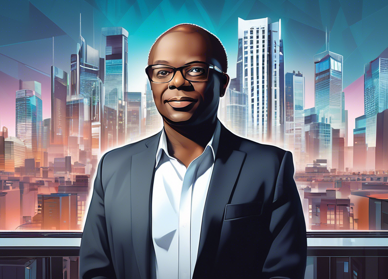 A digital portrait of Gee Davy, the newly appointed Interim CEO, standing confidently in front of the Association of Independent Music (AIM) headquarters with a futuristic cityscape in the background, symbolizing innovation and growth in the music industry.