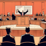 An illustration of a courtroom scene with the Justice Department lawyers presenting an antitrust case against a giant Live Nation ticket shown as a character on trial.