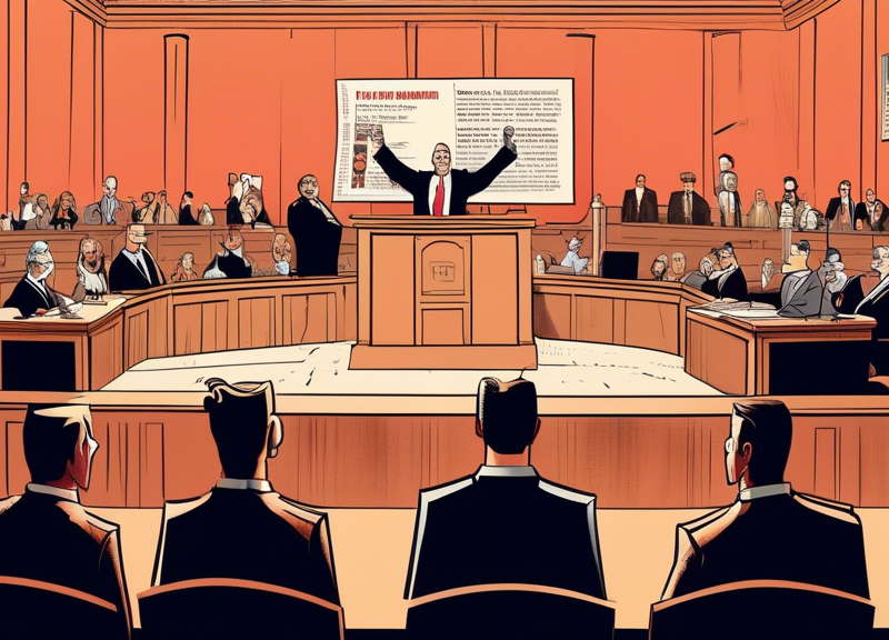 An illustration of a courtroom scene with the Justice Department lawyers presenting an antitrust case against a giant Live Nation ticket shown as a character on trial.