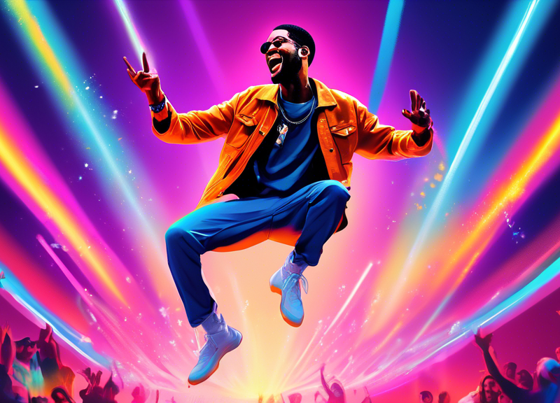 Digital artwork of Kid Cudi performing a dynamic leap offstage at Coachella 2024 with vibrant festival lights in the background, and subtle visual cues suggesting a foot injury without graphic content.
