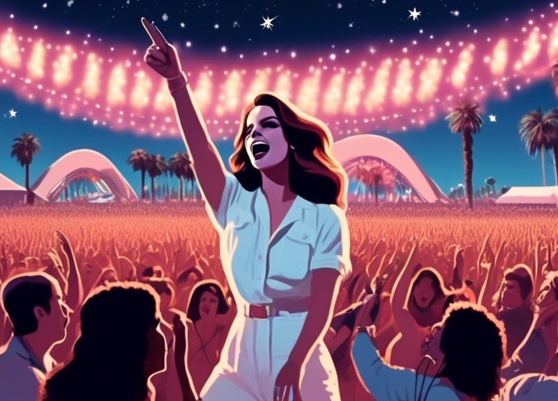 Lana Del Rey performing on stage with a massive, ecstatic crowd under the starlit sky at Coachella 2024.