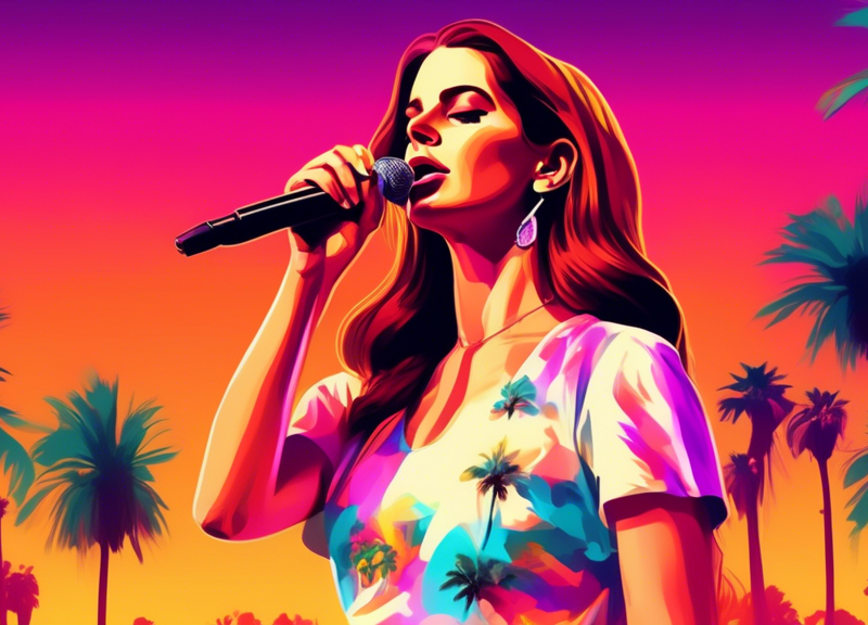 Digital portrait of Lana Del Rey performing at Coachella 2024, with a vibrant sunset and palm trees in the background, as the enthusiastic crowd watches under colorful festival lights.