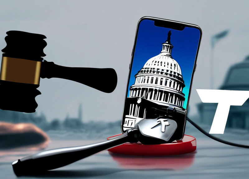 An illustration of a gavel striking down next to a smartphone displaying the TikTok logo, with the Capitol building in the background under a stormy sky, symbolizing the tension and looming decision on the fate of TikTok in the US.