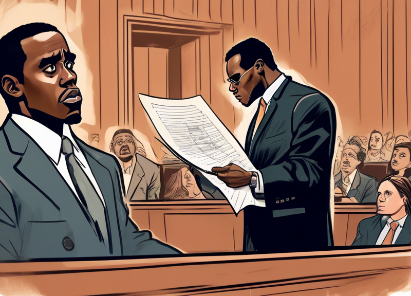 A courtroom scene with an attorney looking distressed while holding legal documents, with an image of Diddy on the courtroom monitor in the background, in a dramatic, illustrative style.