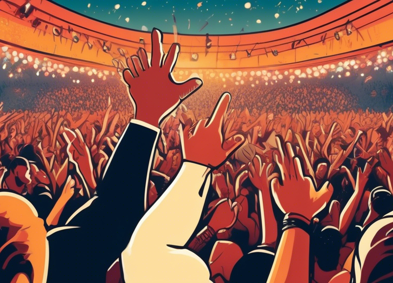 Detailed illustration of a handshake between Live Nation and First Fleet Concerts representatives on a background of a crowded concert scene.