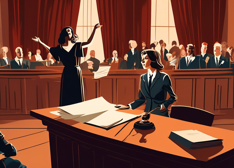 A courtroom scene illustrating a legal dispute involving a prominent female musician, portrayed metaphorically as a dramatic theatrical performance on stage, with legal documents and scales of justice in the foreground, without depicting any specific individuals or identifiable features.