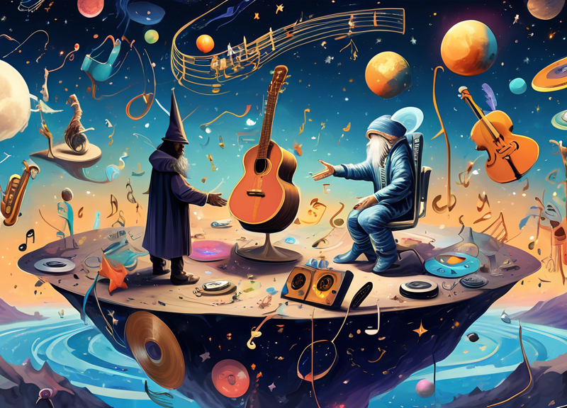 A digital painting of a wizard and an astronaut shaking hands on a music note-shaped island, surrounded by a sea of musical instruments, with satellites and vinyl records orbiting around them, under a sky filled with stars and musical notes.