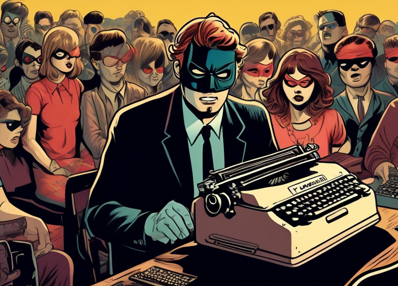 An illustrated scene of a music journalist typing a concert review on a vintage typewriter, wearing a superhero-style mask to conceal their identity, with an angry mob of cartoonish, exaggerated Taylor Swift fans looming ominously in the shadows behind them.