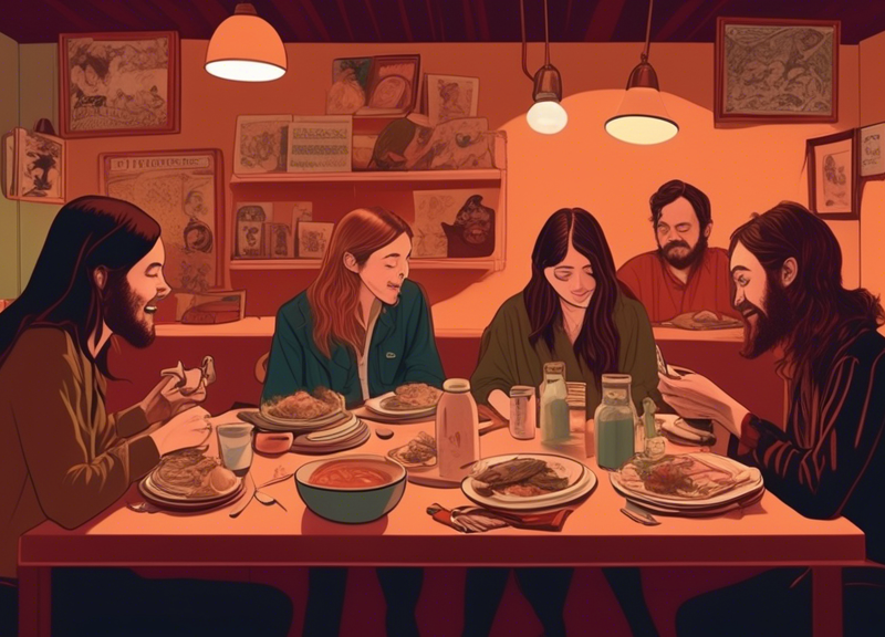 A cozy, dimly lit diner filled with members of Fleet Foxes and Weyes Blood sharing a meal and laughing over a table scattered with indie music memorabilia, vinyl records, and a book documenting their eating habits on tour