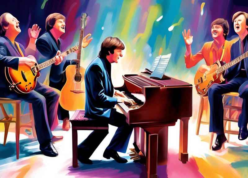 Digital painting of Paul McCartney playing piano with Wings band members in an intimate studio setting, vibrant colors capturing the essence of the 'One Hand Clapping' album release, with a whimsical depiction of one hand clapping in the background.
