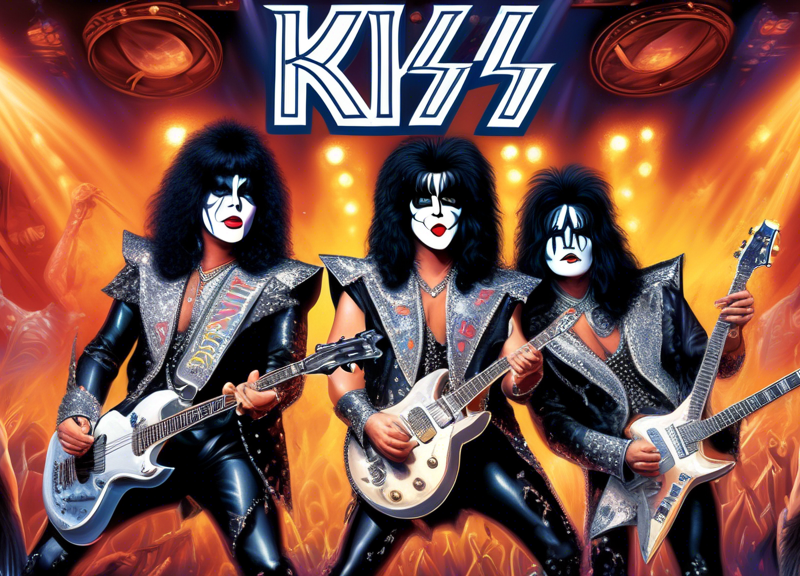 A vibrant, hyper-realistic illustration of the iconic rock band KISS performing on stage, surrounded by an aura of immortality and legendary symbols, with the Pophouse Entertainment logo merging seamlessly in the background, symbolizing the acquisition.