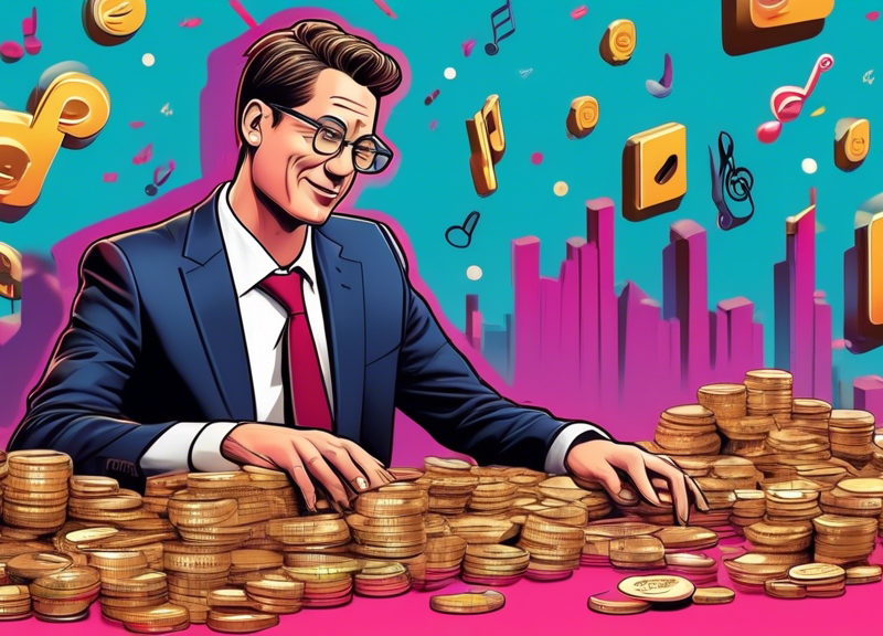 Digital illustration of Sony Music Entertainment CEO in negotiation with a giant TikTok logo over a table filled with small stacks of coins, against a backdrop of musical notes and social media icons.