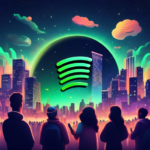 A futuristic digital illustration of a giant Spotify logo glowing in the night sky above a cityscape, with diverse groups of people gathered around looking up in awe, some holding smartphones displaying the new subscription tier announcement.