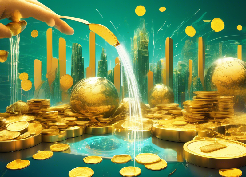 An imaginative visual of a thriving, futuristic media landscape being watered and nurtured by golden coins and investment documents, with the Range Media Partners logo prominently featured in the background.