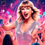 An animated digital collage of Taylor Swift performing on a virtual stage within the TikTok app interface, surrounded by elements symbolizing her new album's themes, with excited fans interacting through likes and comments in the background.