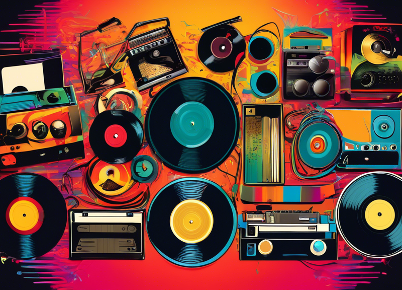 An amalgamation of retro and modern music devices symbolizing the evolution of physical music over the years, from vinyl records and cassettes to CDs, with a vibrant background indicating a continuous revolution.