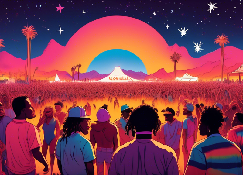 Vibrant, high-energy performance featuring Tyler, the Creator, A$AP Rocky, Childish Gambino, and Kali Uchis on the Coachella 2024 stage with a huge, excited crowd under a starry desert night sky.