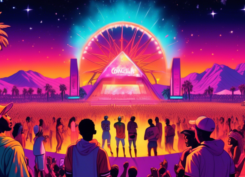 Vibrant, neon-lit stage at Coachella 2024 with Tyler, the Creator, A$AP Rocky, Childish Gambino, and Kali Uchis performing together, surrounded by an ecstatic crowd under a starry desert sky.