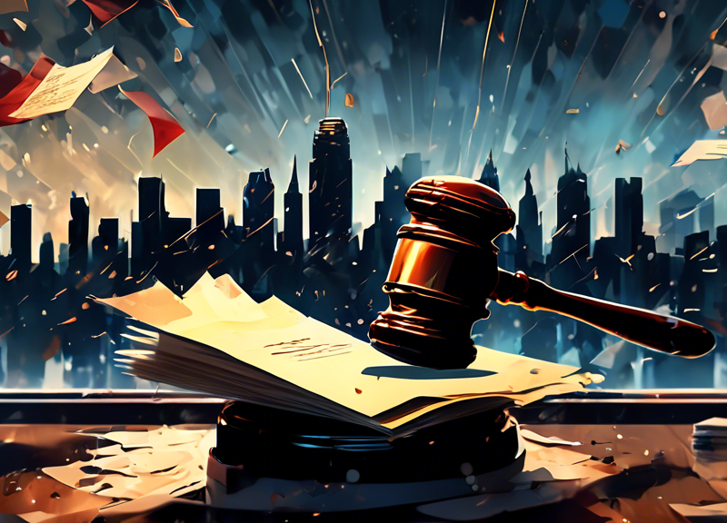 A court-themed digital painting of a gavel about to strike amidst a flurry of legal documents flying in the air, with a shadowy silhouette of a city skyline in the background, symbolizing the legal battle involving UMG and Diddy without directly depicting any individuals involved.