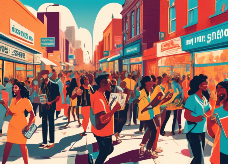 A vibrant, illustrated cityscape with record stores on every corner bustling with diverse groups of people wearing music-themed outfits, some holding vinyl records under their arms, all participating in a lively Record Store Crawl event with safety measures in place, under a clear, sunny sky post-pandemic.