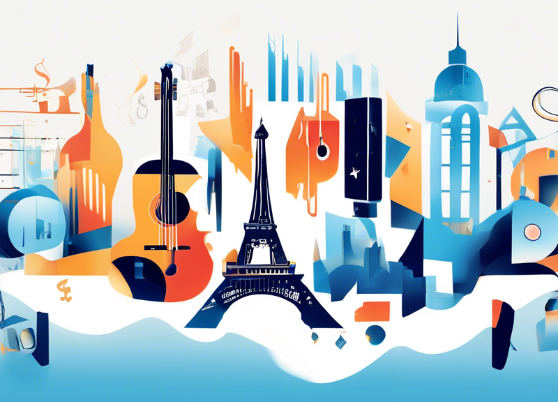 An abstract illustration visualizing the partnership between Warner Chappell Music and ICE for the digital licensing administration in Europe, featuring symbolic elements of music, technology, and European landmarks.