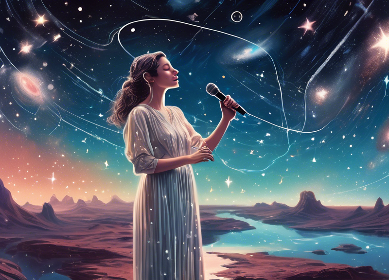 A serene, cosmic landscape of the Andromeda galaxy with a woman in a vintage dress holding a microphone, surrounded by floating musical notes and glowing stars, reflecting the ethereal nature of Weyes Blood’s music.