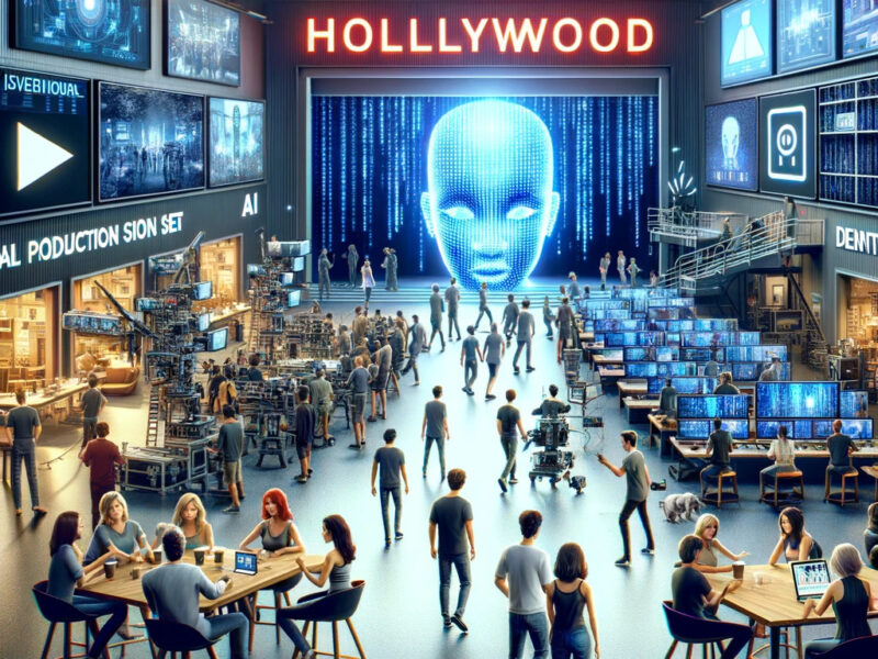 a bustling Hollywood production center with filmmakers using AI tools, interacting with virtual production sets, and displaying AI-generated animations and videos. This setting highlights the integration of AI in the filmmaking process.