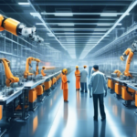 Create an image that shows a high-tech factory production line with advanced AI robots working alongside human workers. The setting should appear efficient and technologically sophisticated, yet also