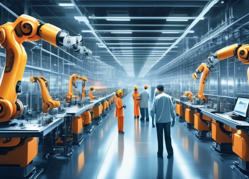 Create an image that shows a high-tech factory production line with advanced AI robots working alongside human workers. The setting should appear efficient and technologically sophisticated, yet also