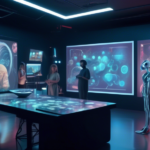 A futuristic studio scene where a diverse group of artists collaborates with advanced AI and video equipment to create a groundbreaking digital art piece. The studio features holographic displays, rob