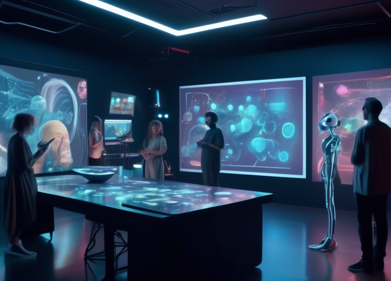 A futuristic studio scene where a diverse group of artists collaborates with advanced AI and video equipment to create a groundbreaking digital art piece. The studio features holographic displays, rob