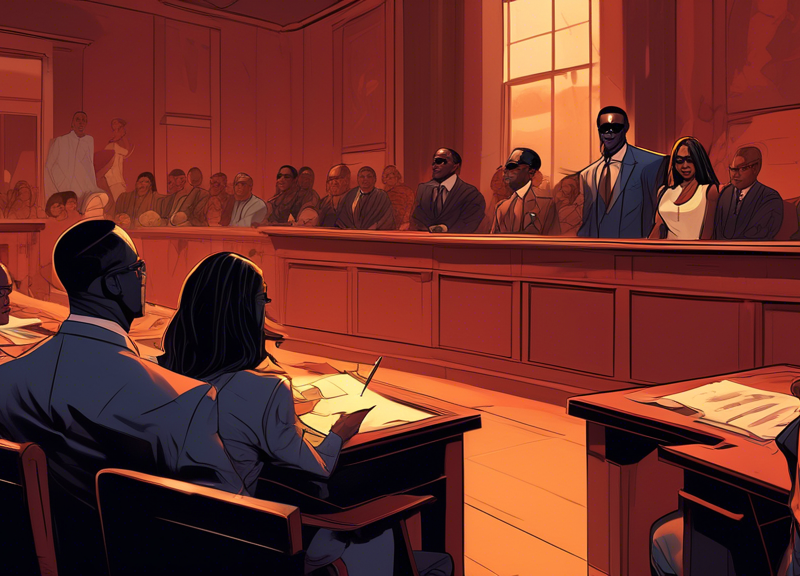 An illustrated courtroom with a tense atmosphere, focusing on animated representations of Diddy and Cassie Ventura sitting at opposite sides with a diverse jury present, symbolizing a legal battle, without depicting violence.