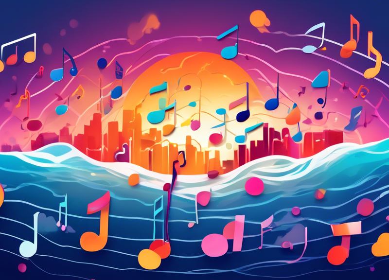 An illustration of a vibrant, ascending graph symbolizing the 18% increase in Anghami's paid subscribers in Q1 2024, with symbolic musical notes and streaming devices scattered around, set against a backdrop of a challenging stormy sea from 2023 transitioning into a calm sunrise representing recovery and growth.