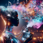 Create an image of a futuristic scene where a person is surrounded by an array of floating, ethereal musical notes intertwined with colorful aromatic mist. The person is holding a sleek device that combines musical instruments and fragrance emitters, symbolizing the fusion of scent and sound. The background features a modern, ambient setting with soft, calming lights and holographic technology.