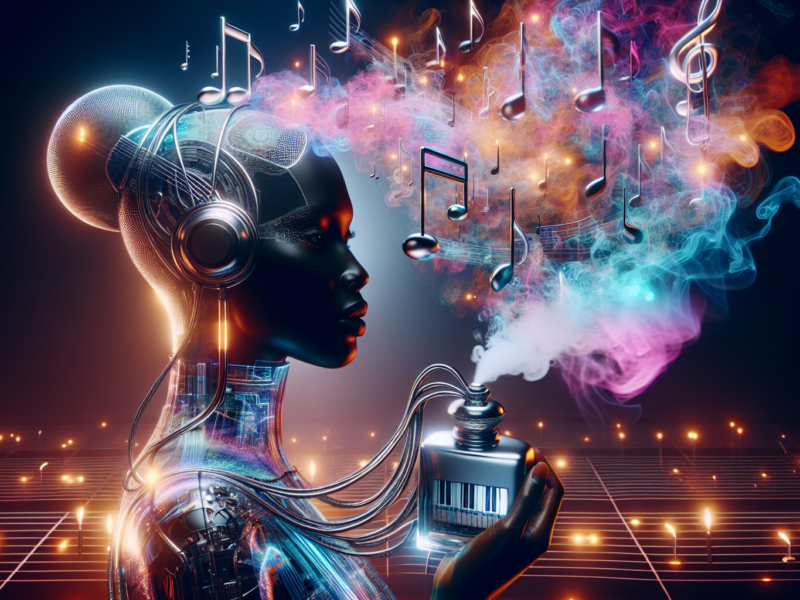 Create an image of a futuristic scene where a person is surrounded by an array of floating, ethereal musical notes intertwined with colorful aromatic mist. The person is holding a sleek device that combines musical instruments and fragrance emitters, symbolizing the fusion of scent and sound. The background features a modern, ambient setting with soft, calming lights and holographic technology.