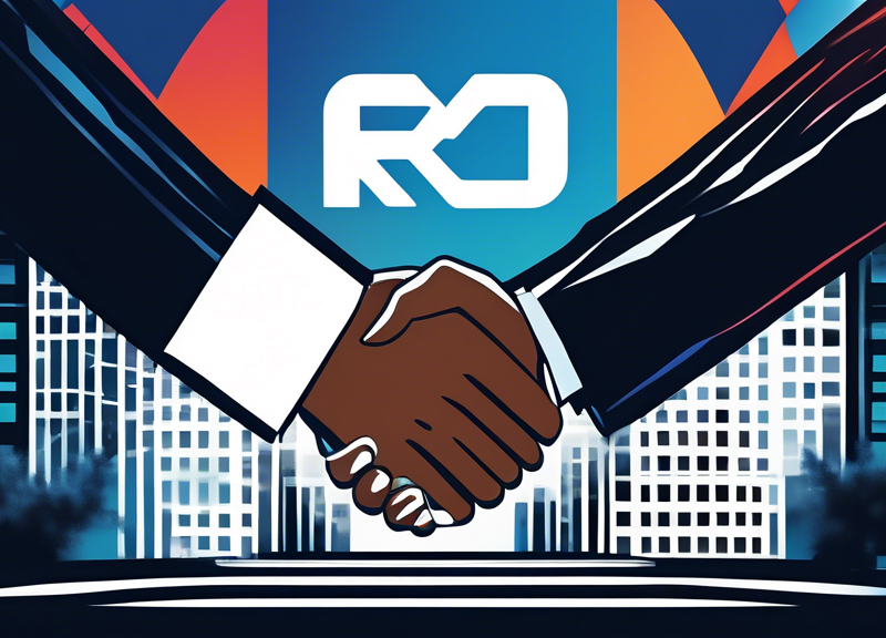 An artistic representation of a handshake between two stylized office buildings, one with the logo of Avex USA and the other with the logos of Roc Nation and S10 Entertainment, symbolizing a strategic partnership, under a banner that says ‘Extensive Partnership’.