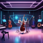 Create an image that depicts a futuristic music studio where human musicians are collaborating with AI-generated avatars. The studio is filled with advanced musical instruments and holographic interfa