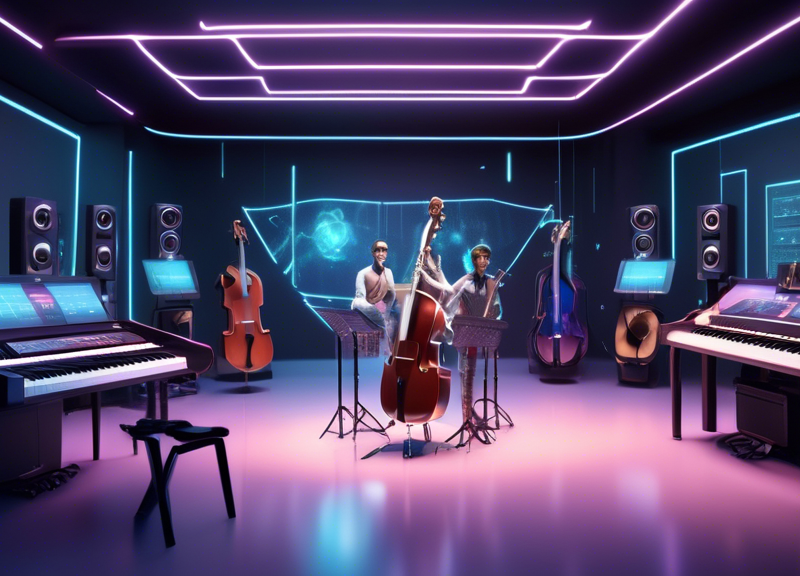 Create an image that depicts a futuristic music studio where human musicians are collaborating with AI-generated avatars. The studio is filled with advanced musical instruments and holographic interfa