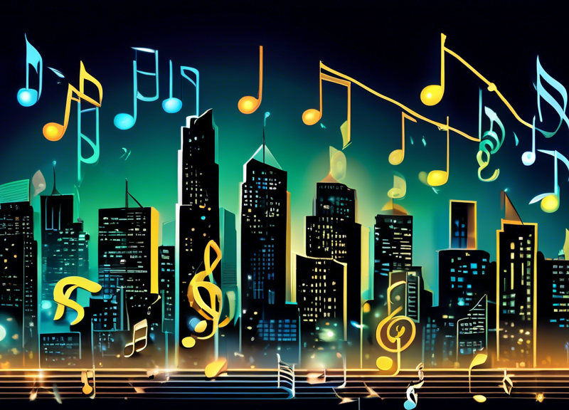 Downtown skyline illuminated at night with abstract symbols of money and credit agreements intertwined, and two musical notes engaged in a dynamic bidding war, encapsulating the essence of the music business world.