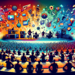 Create an image of a virtual concert hall filled with various digital music publishing platforms as stages, each showcasing different artists and genres. Include a diverse audience interacting with th