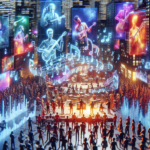 Create an image that combines futuristic technology with musical elements. Show a futuristic cityscape with holographic streaming of musicians and instruments, people wearing high-tech VR headsets creating music, holograms of famous musicians, and digital soundwaves visualized in the air. Include a diverse group of people enjoying and interacting with these advanced musical innovations in a lively urban setting.