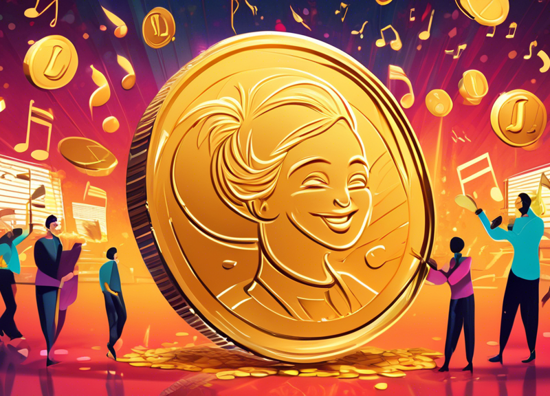 A vibrant illustration of a large, shimmering golden coin with the logo of Cinq Music engraved on it, being handed over to a smiling character representing producer Flow La Movie, against a backdrop of musical notes and film reels, symbolizing the acquisition of the catalog.